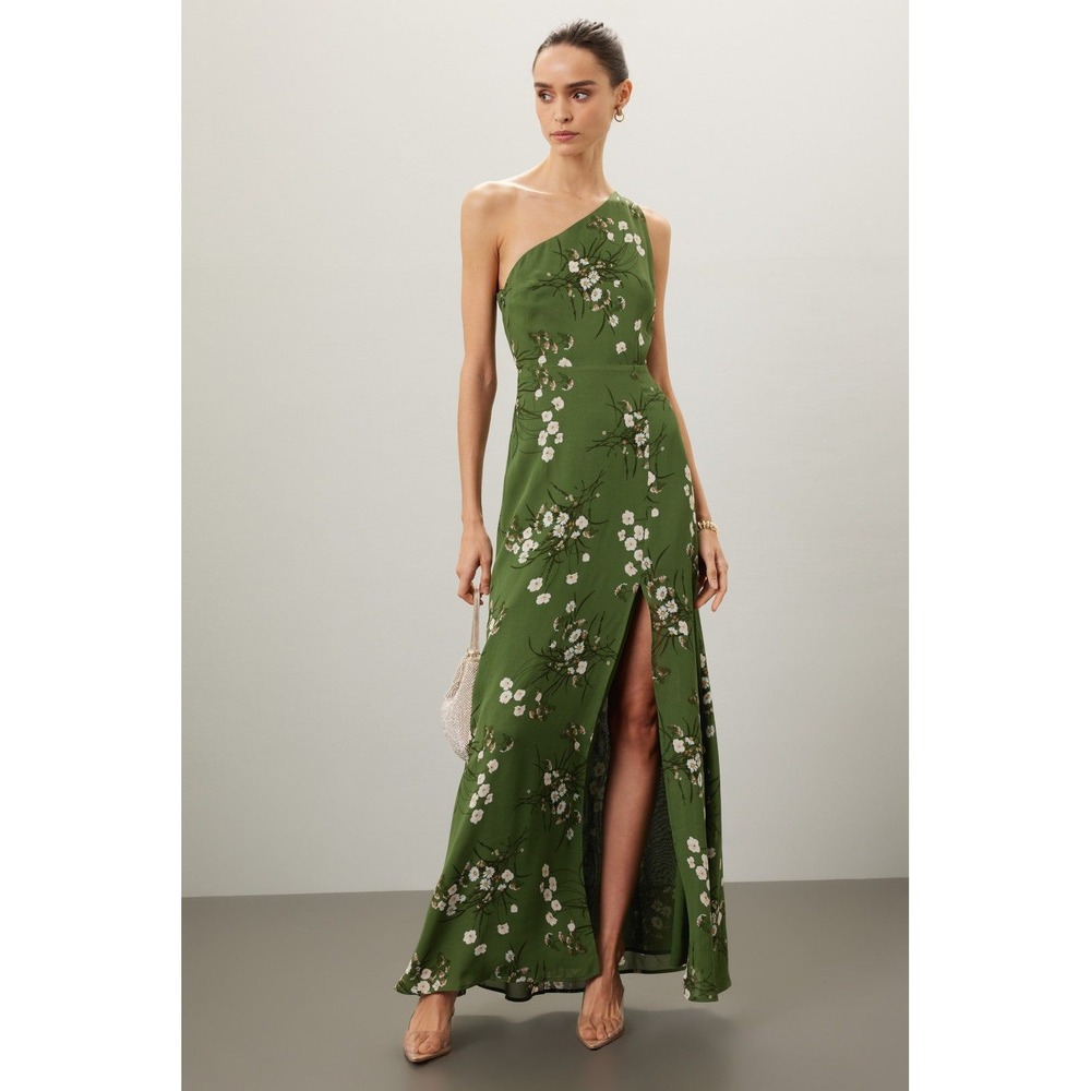 Reformation Dress Size 12 Evelyn Green Floral One Shoulder Maxi Gown ~ FLAWED